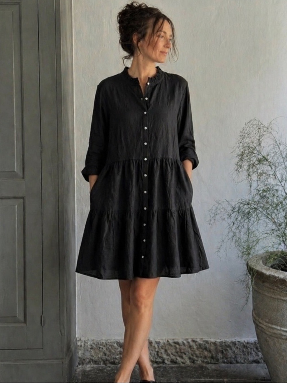 Alice Walk 100% Linen Black Button-Front Tiered Long-Sleeve Dress w/pockets